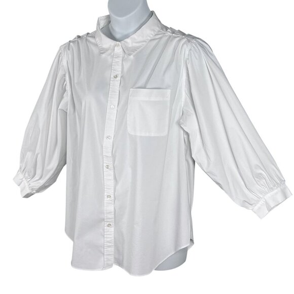 Philosophy Womans 3X White Button Up Blouse Balloon Sleeves Pocket Minimalist - Picture 6 of 16